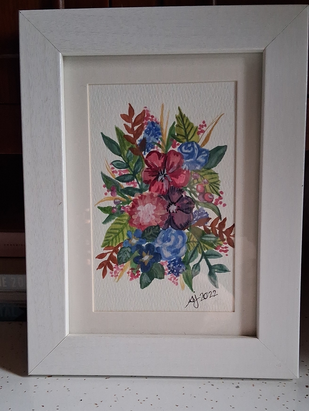 Hand-Painted Floral Watercolor Print in White Frame - Pink, Blue & Green